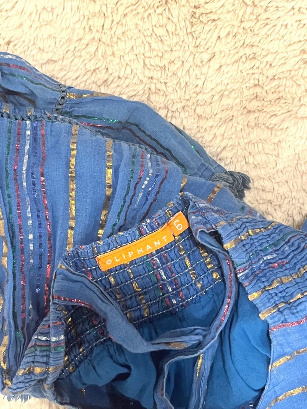 Oliphant Kids Blue Metallic Lurex Tiered Fringe Sun Dress Size 6